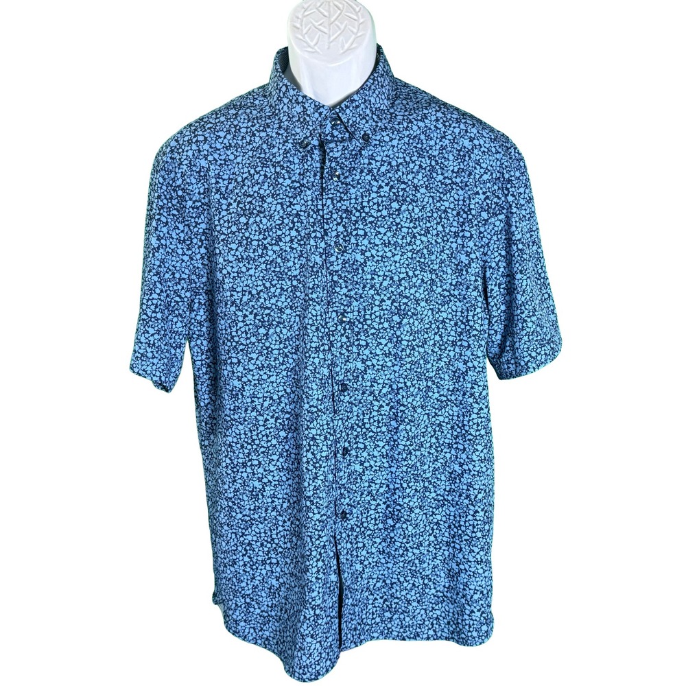 Michael Strahan Button Down Shirt Mens L Blue Floral Print Modern Fit Stretch